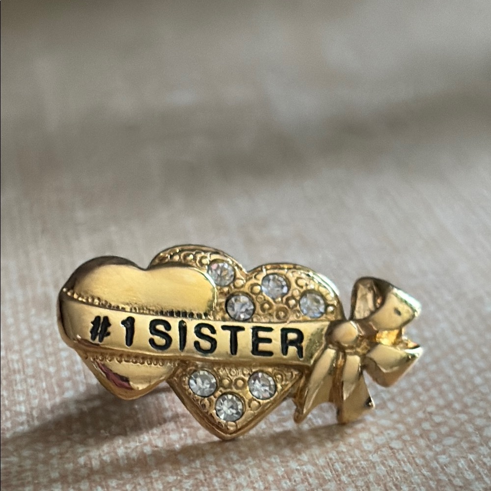 Vintage Avon #1 Sister Heart Ribbon Brooch Gold Tone Rhinestones Gift NIB